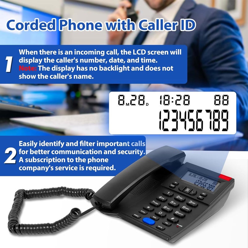 Sacumea Corded Phone, Desktop Landline with Caller ID, Adjustable Ringer and Speaker Volume, Redial, Speed Dial, Caller Indicator Light, for Home Office Hotel Use - Image 2